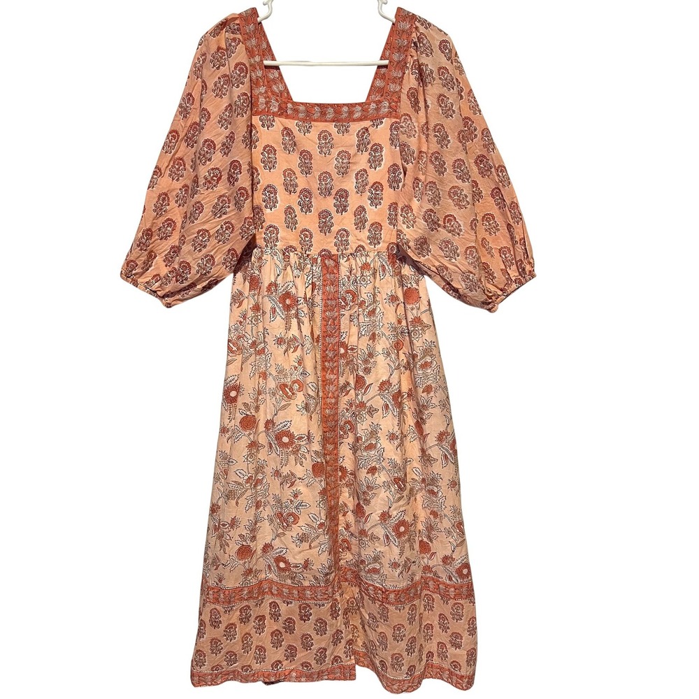 Poeta Cottage Midi Dress Peach Floral Block Print Puff Sleeve Smocked Back Small